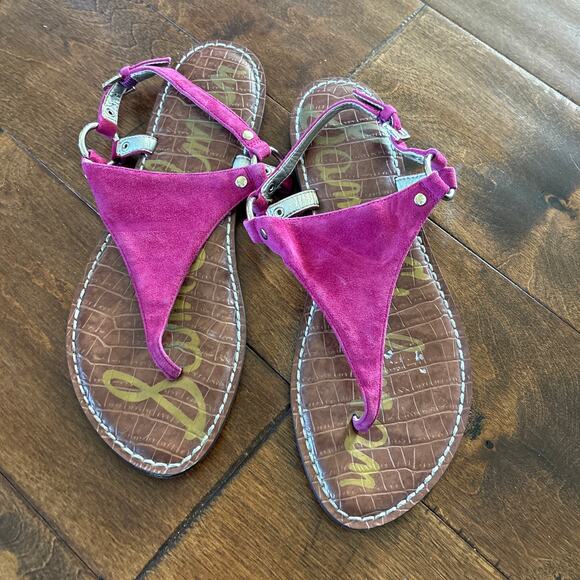 Sam Edelman‎ Greta Leather Gigi T-Strap Sandals Pink Purple Suede Women's Size 8 - Picture 1 of 11